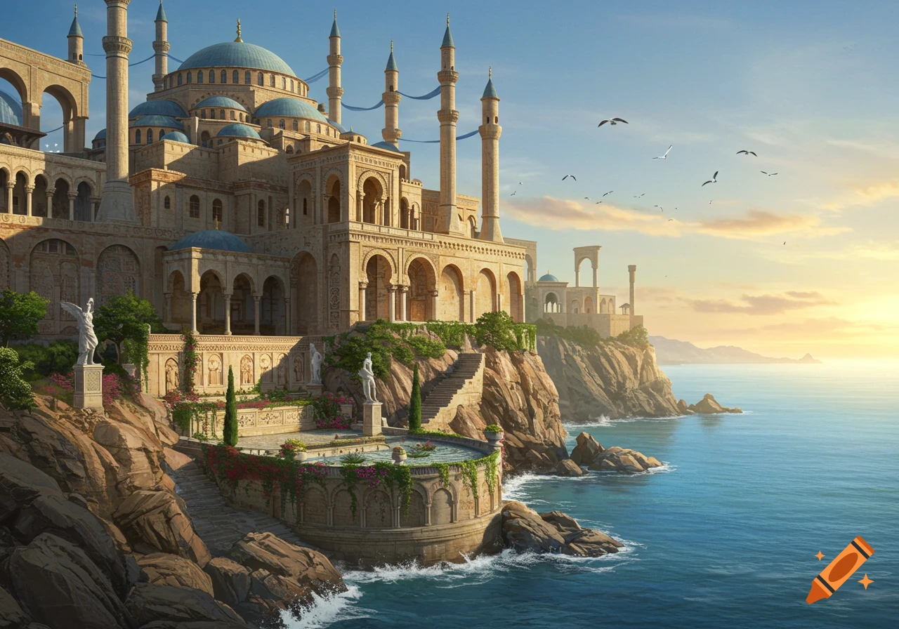 A magnificent, domed palace or mosque with towering minarets on a rocky cliff overlooking a calm, blue ocean at sunset.