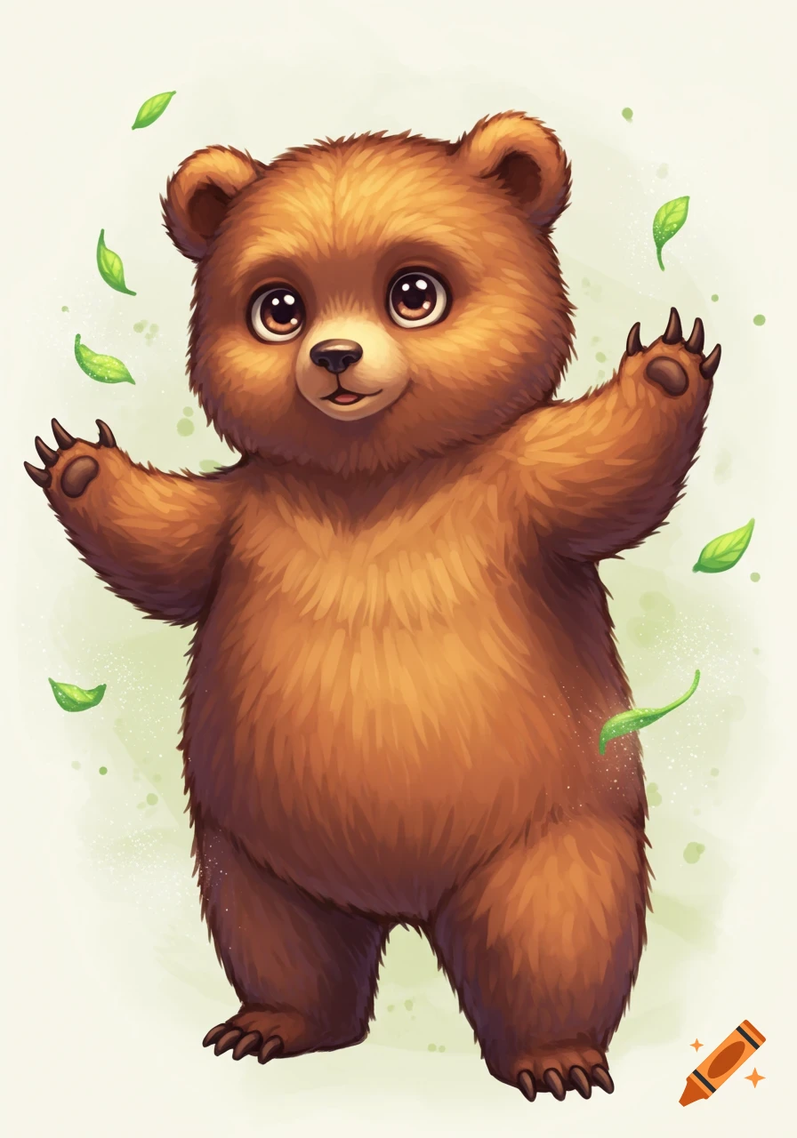 A cute, fluffy brown animated bear with big eyes stands with arms open, surrounded by green leaves on a light green background.