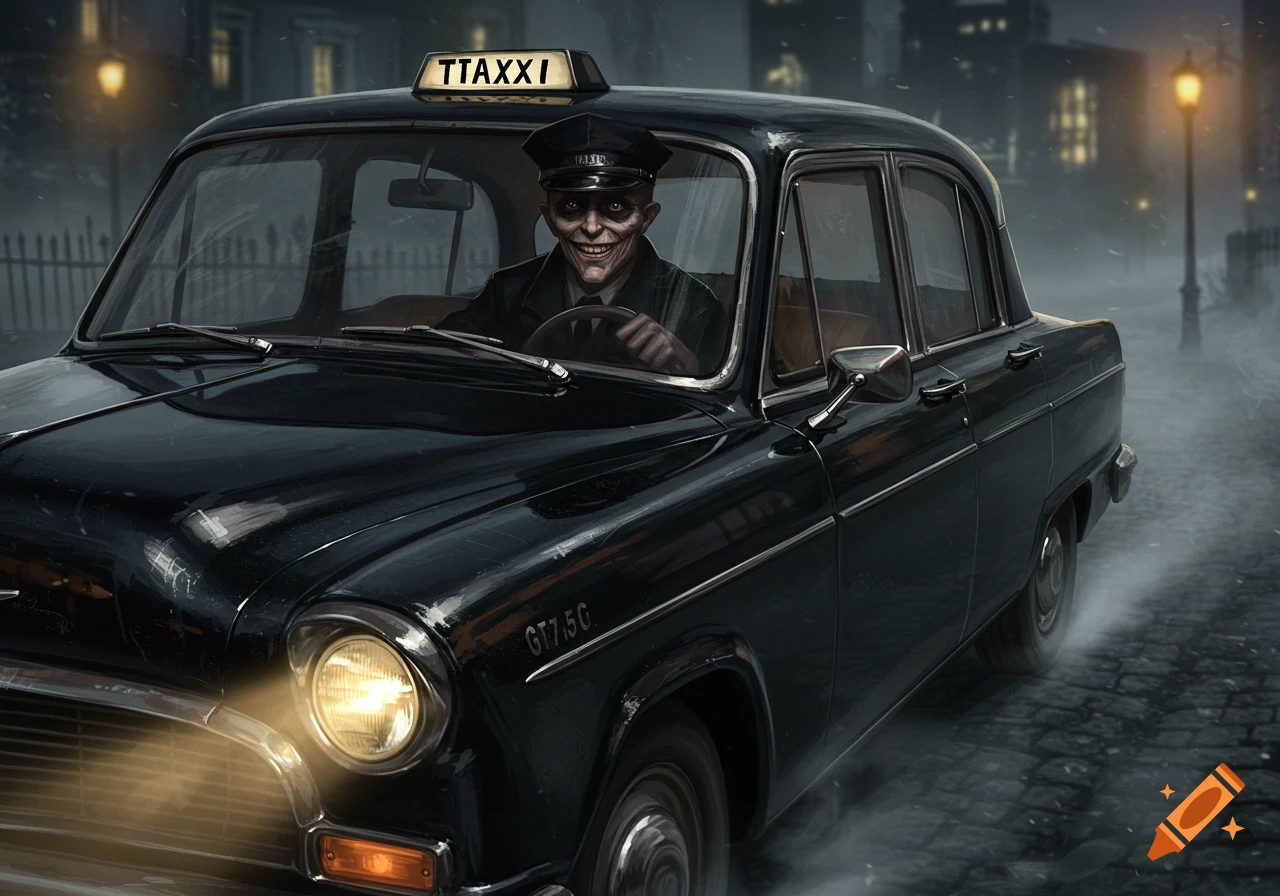 A creepy, pale-faced cab driver with a wide grin drives a black vintage taxi with a 'TTAXXI' sign through a foggy city street at night. Illustrative style.