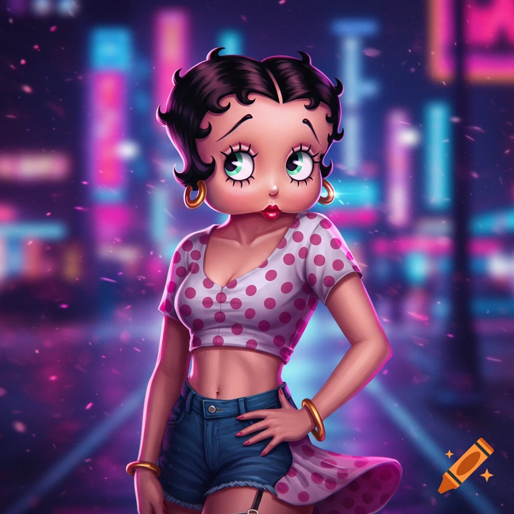 Stylized cartoon Betty Boop in a polka dot crop top and denim shorts, standing against a blurry neon city night background.