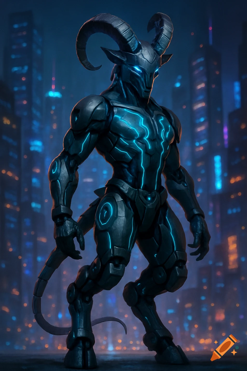 A dark armored futuristic satyr-like character with glowing blue lines and large horns stands in a futuristic city at night.