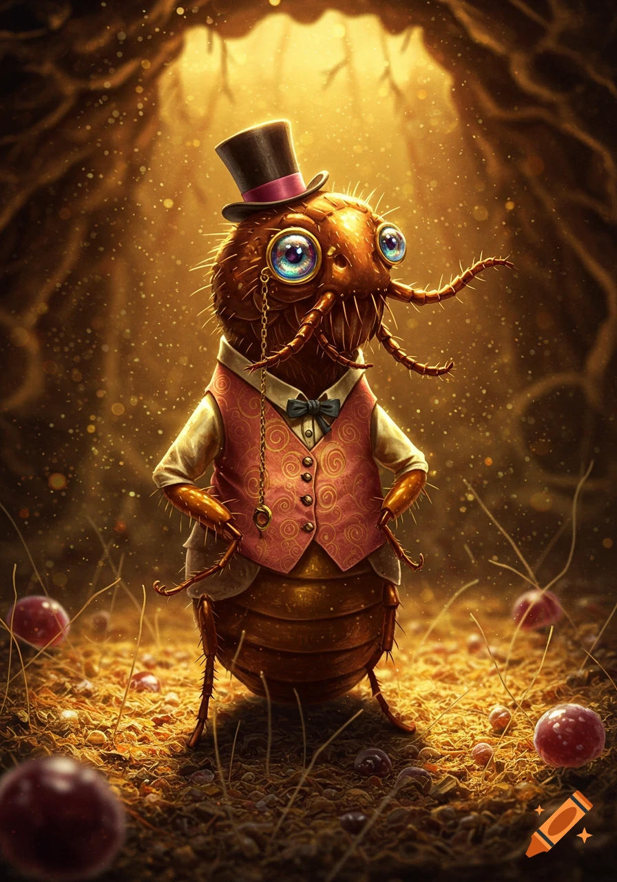 A dapper anthropomorphic flea in a top hat, monocle, and patterned vest stands in a glowing, whimsical forest.