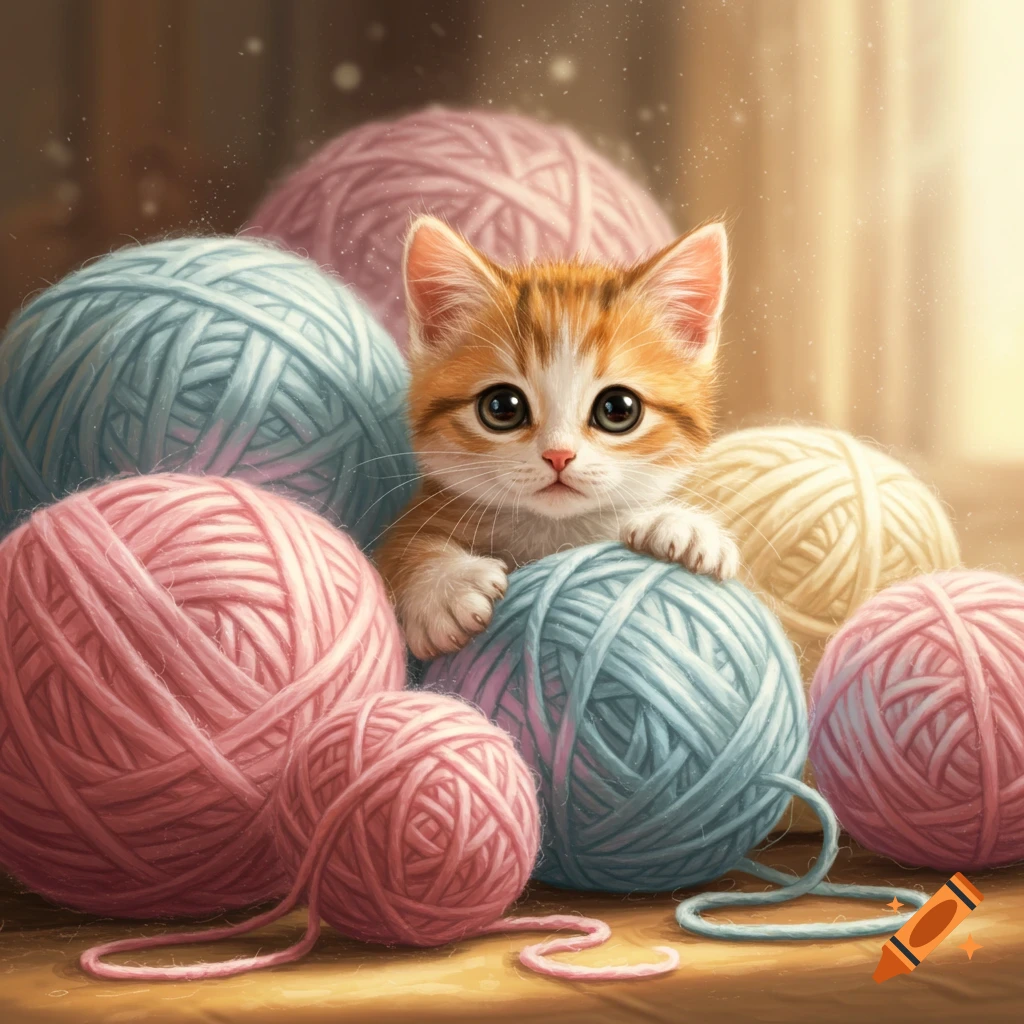A cute ginger and white kitten peeks out from a pile of pastel pink, blue, and yellow yarn balls.