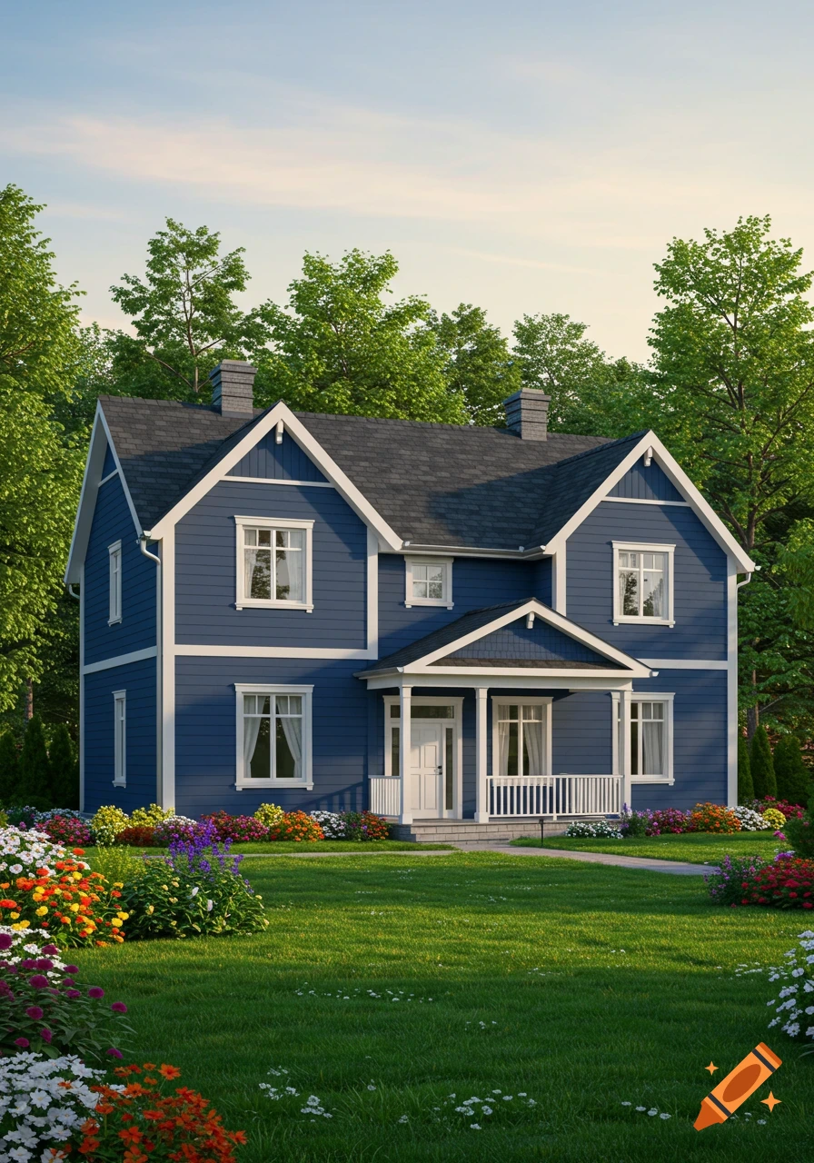 A photorealistic image of a navy blue house with white trim, a green lawn, and colorful flowers under a bright sky.