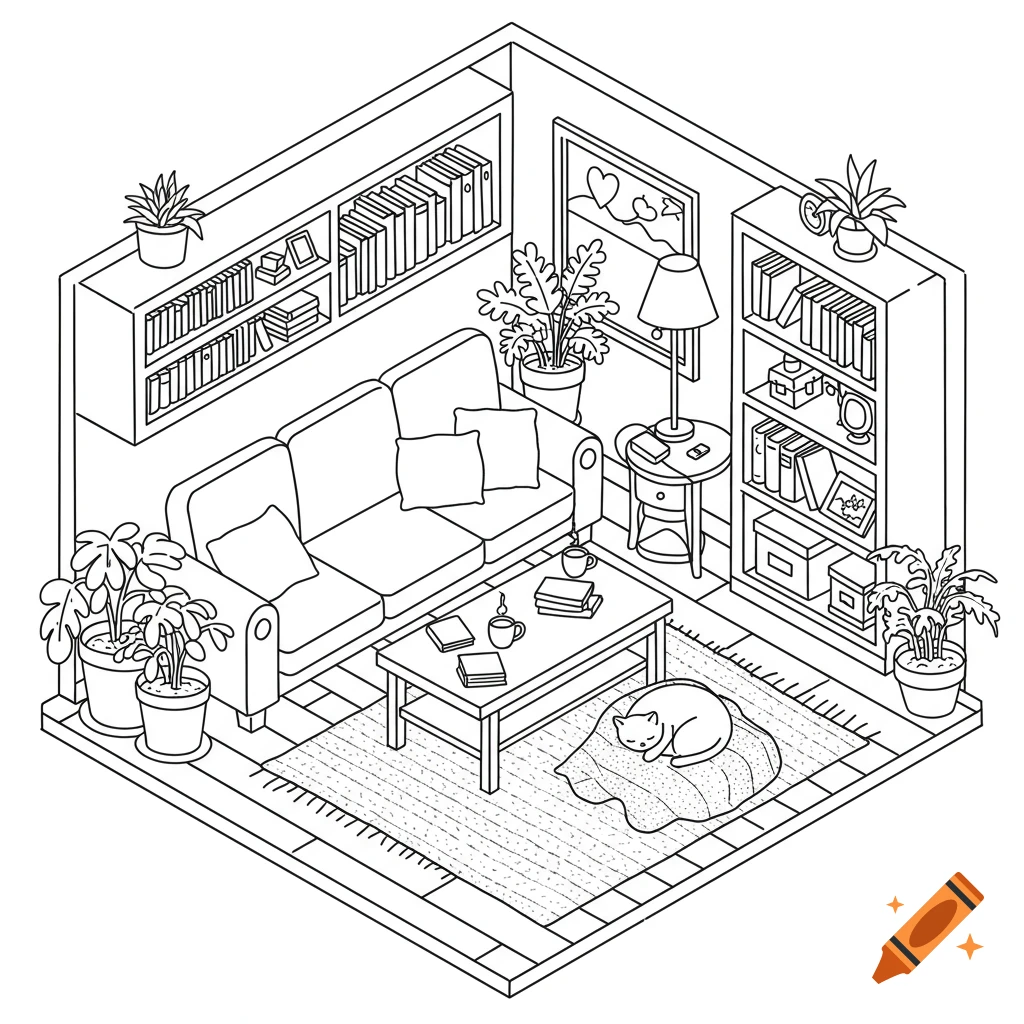 Isometric line art of a cozy living room with a sofa, coffee table, bookshelves, plants, and a sleeping cat, in a kawaii doodle style.