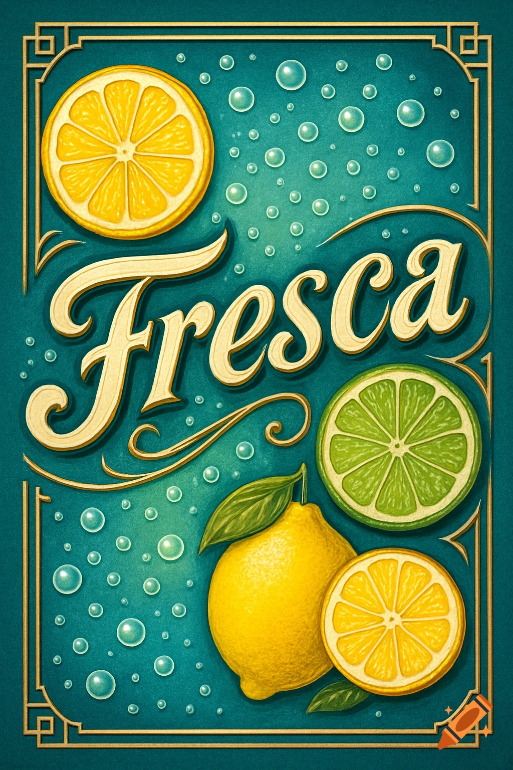 A vintage-style soda label for Fresca with lemons, lime, and bubbles on a teal background with gold trim.