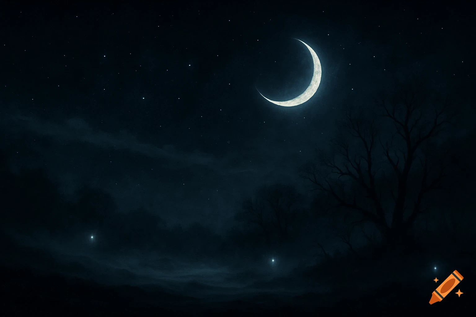 A dark, mysterious night landscape with a bright crescent moon, scattered stars, silhouetted trees, and subtle fog with faint glowing lights.