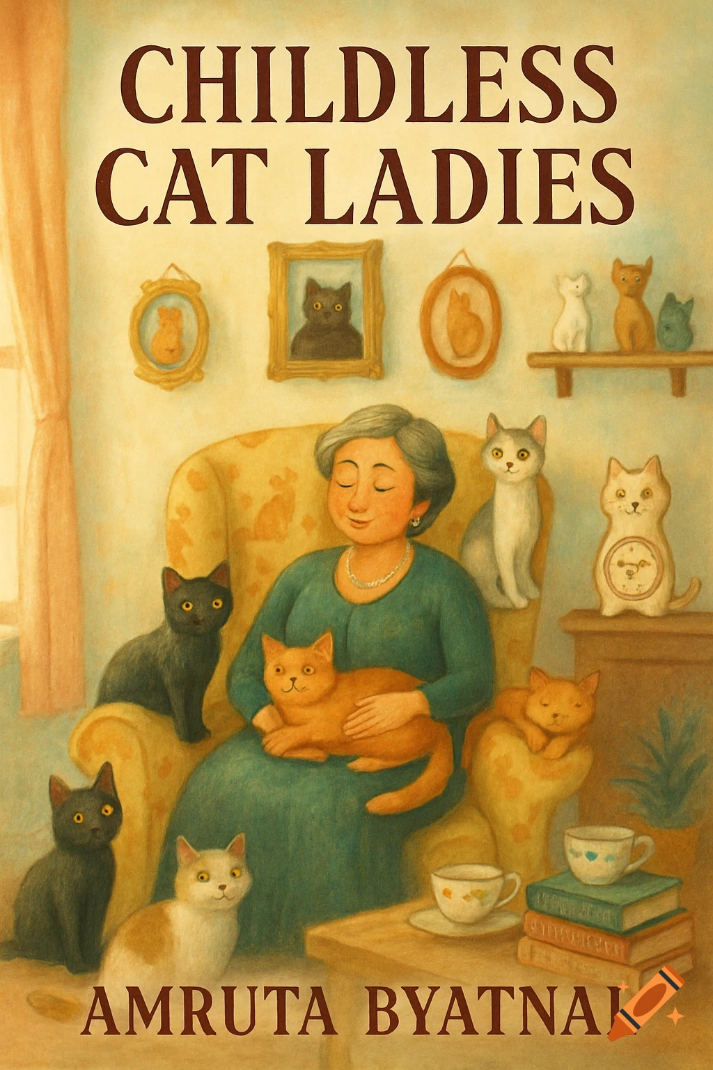 A whimsical illustration book cover. An old woman sits in an armchair, holding an orange cat, surrounded by other cats. Titled 'Childless Cat Ladies'.