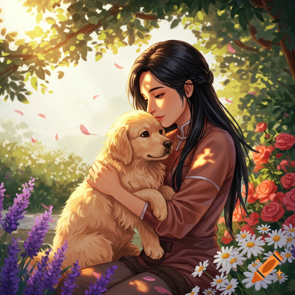 An illustration of a woman hugging a golden retriever puppy in a sunny garden with lavender, roses, and daisies.