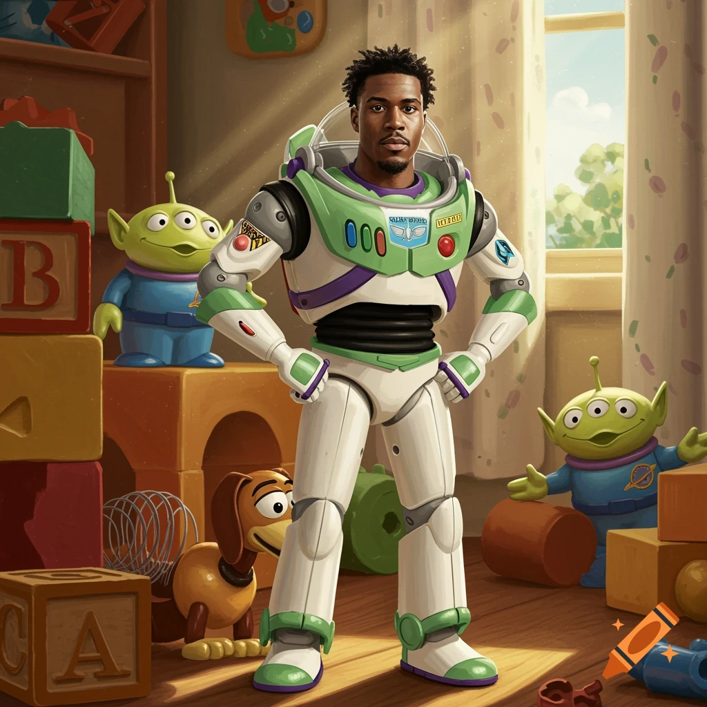 A man with a beard dressed as Buzz Lightyear stands in a toy room with Toy Story aliens and Slinky Dog.