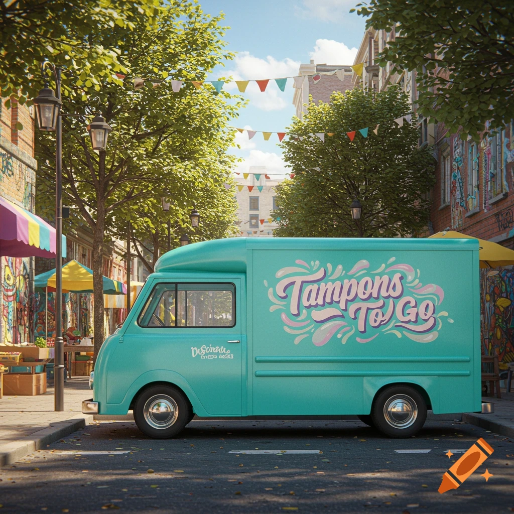 A teal delivery truck with "Tampons To Go" painted on its side, parked on a sunlit city street lined with trees, buildings, and colorful bunting.