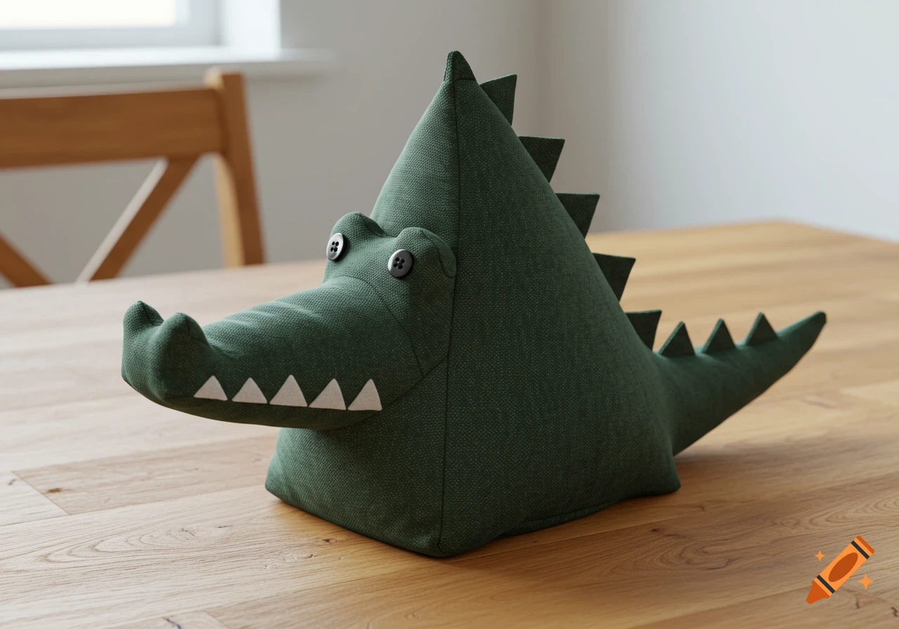 A dark green fabric crocodile doorstop with button eyes and white felt teeth sits on a wooden table.