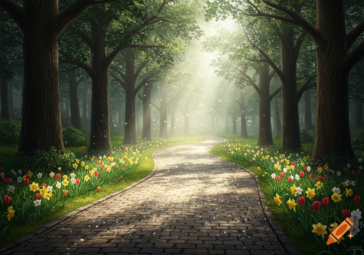 A winding stone path through a bright, enchanted forest park, lined with colorful spring flowers, with sparkling sunlight filtering through tall green trees.