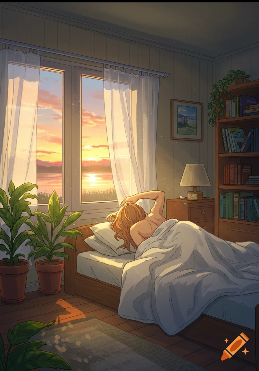 Illustrated person with red hair stretching in bed, covered by a blanket, as warm sunrise light streams through a large window overlooking a lake.