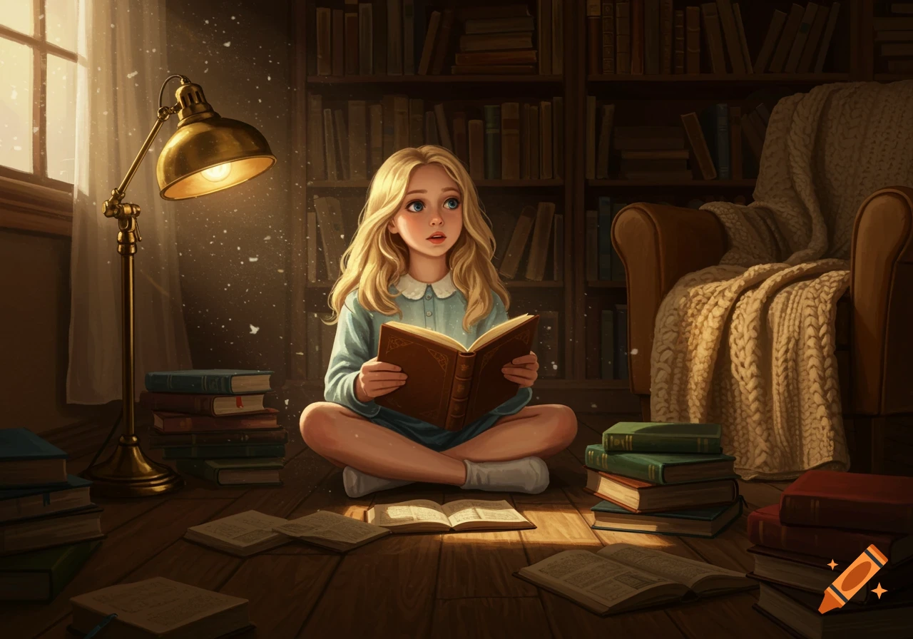 Blonde girl reads a book on a wooden floor, illuminated by a lamp, surrounded by books in a cozy library.