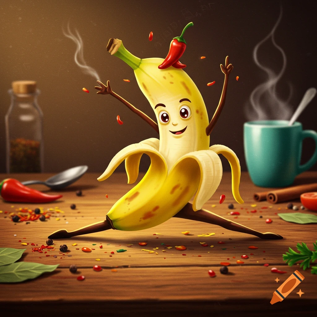 Whimsical cartoon banana doing the splits, wearing a chili pepper hat, surrounded by spices on a wooden table.