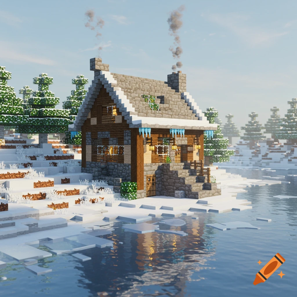 A blocky, Minecraft-style wooden and stone house with snow on its roof and icicles, next to an icy lake in a snowy landscape with evergreen trees.
