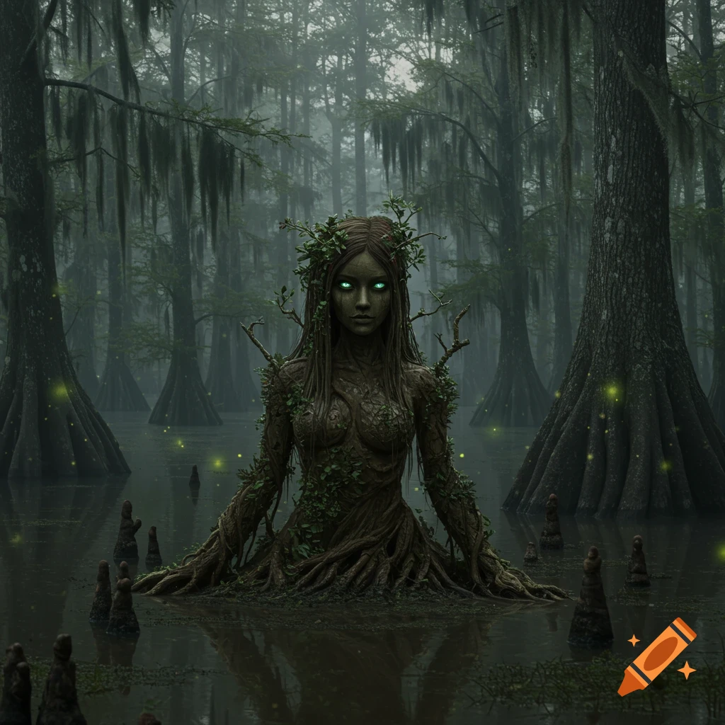 Photorealistic swamp creature, woman-like, made of vines and mud with glowing eyes, in a misty cypress swamp.