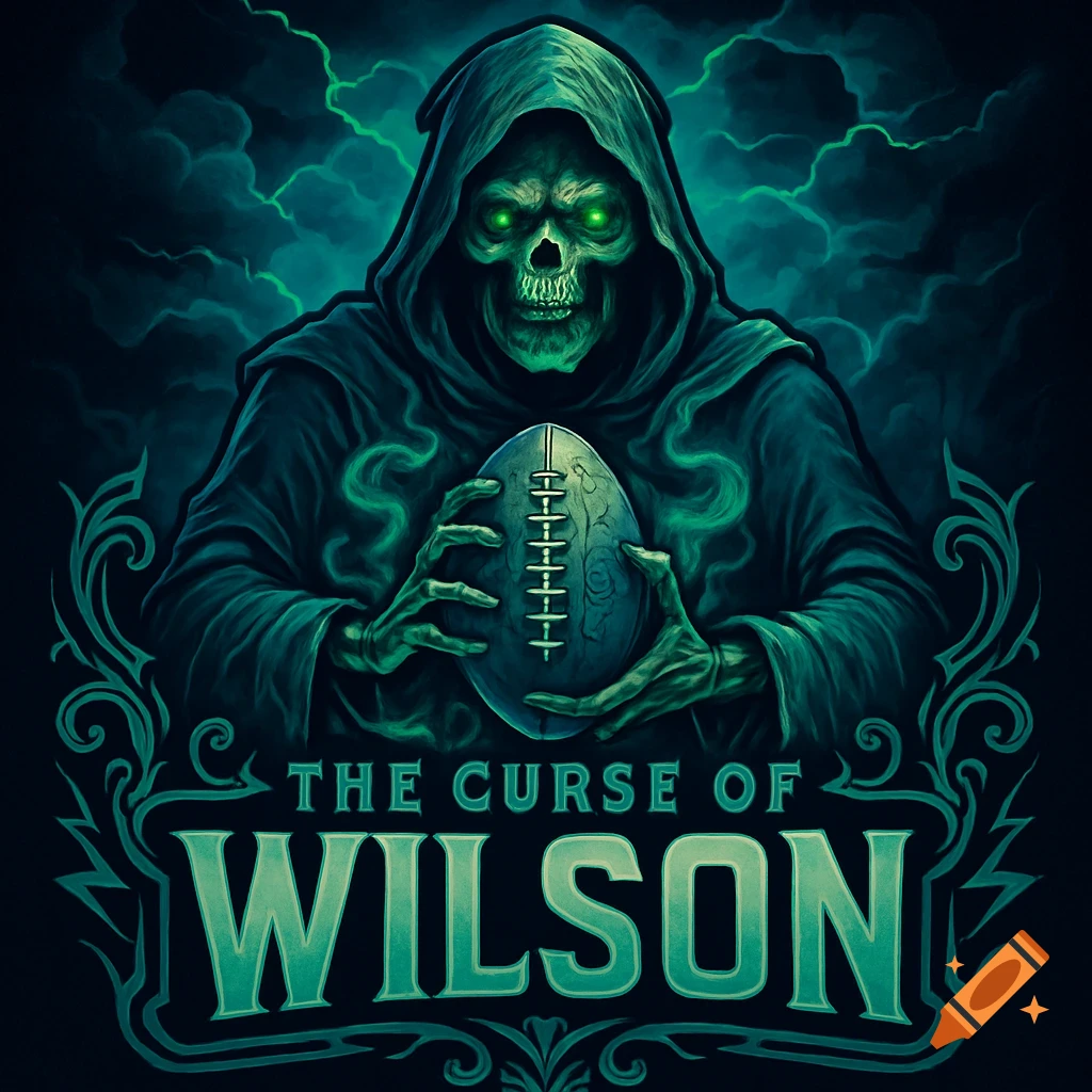 A skeletal grim reaper with glowing green eyes holds an American football, with "THE CURSE OF WILSON" text below, in a dark fantasy art style.