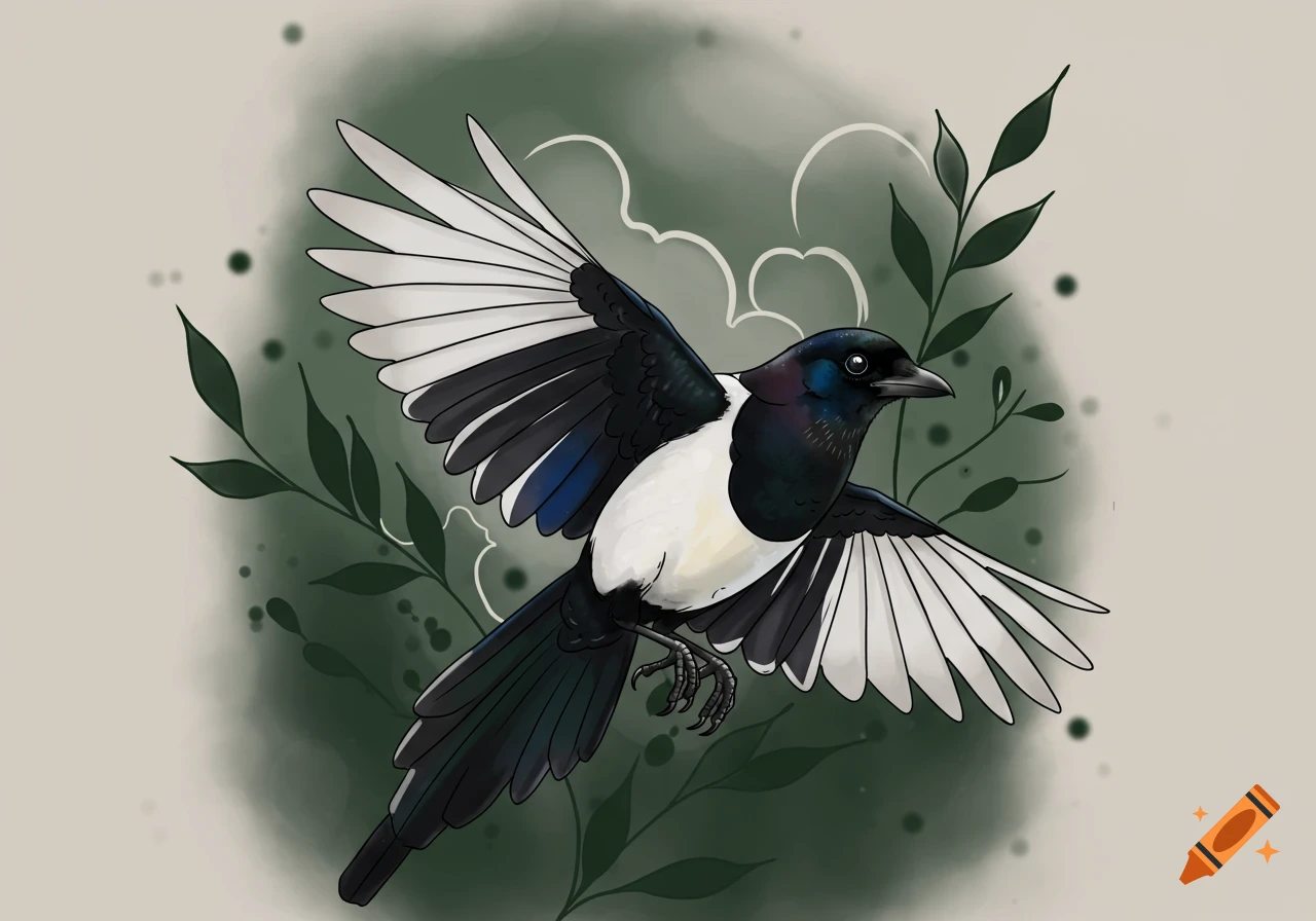 Stylized tattoo design of a black and white magpie with blue iridescent feathers flying against a dark green background with leaves.