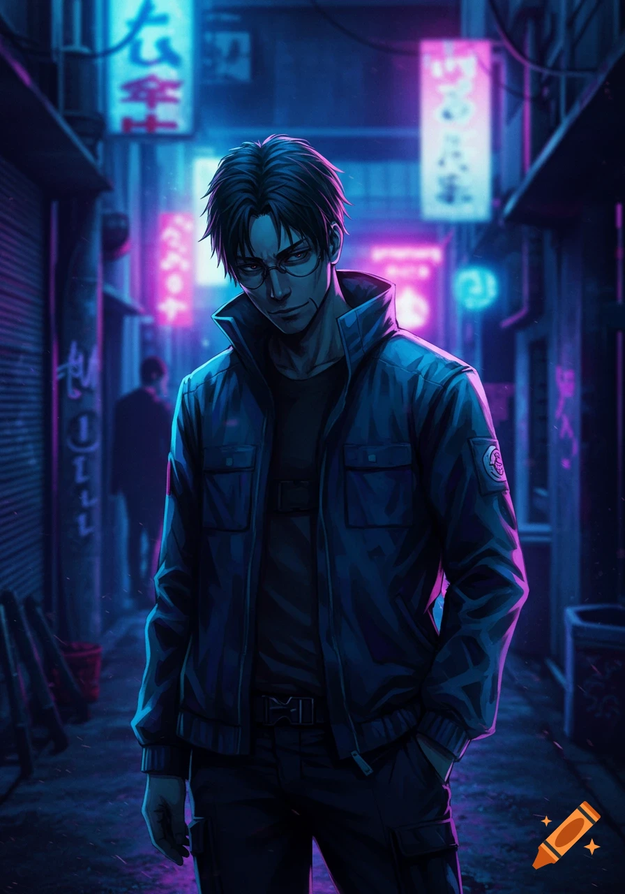 Anime-style illustration of a cool man with glasses in a dark, neon-lit cyberpunk alley.