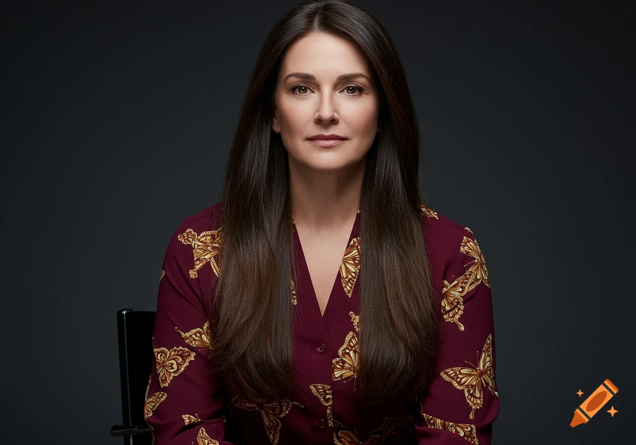 Photorealistic portrait of a woman with long dark hair, wearing a burgundy blouse with golden butterfly patterns, against a dark studio background.