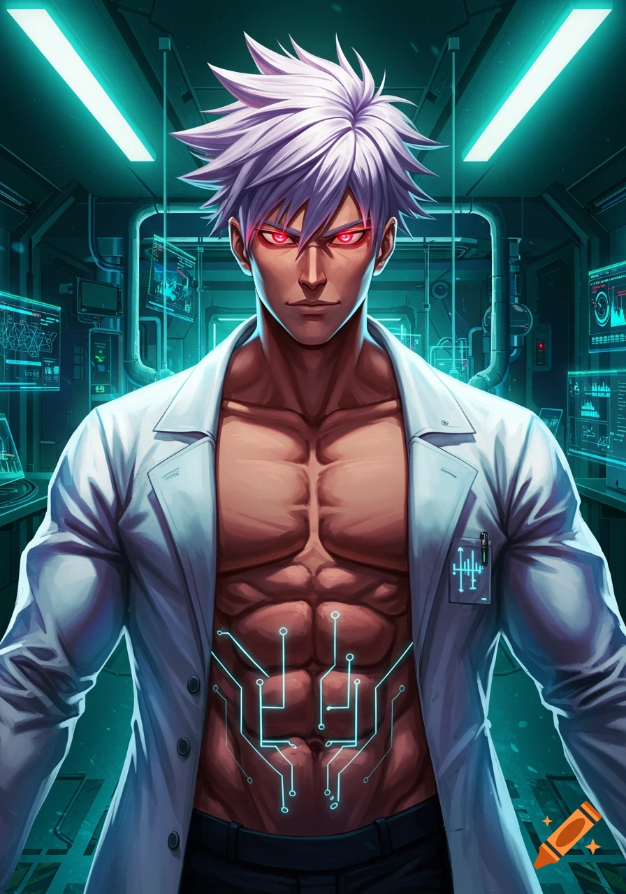 Buff anime male scientist with spiky white hair, glowing red eyes, and circuit patterns on his muscular torso, in a futuristic lab.