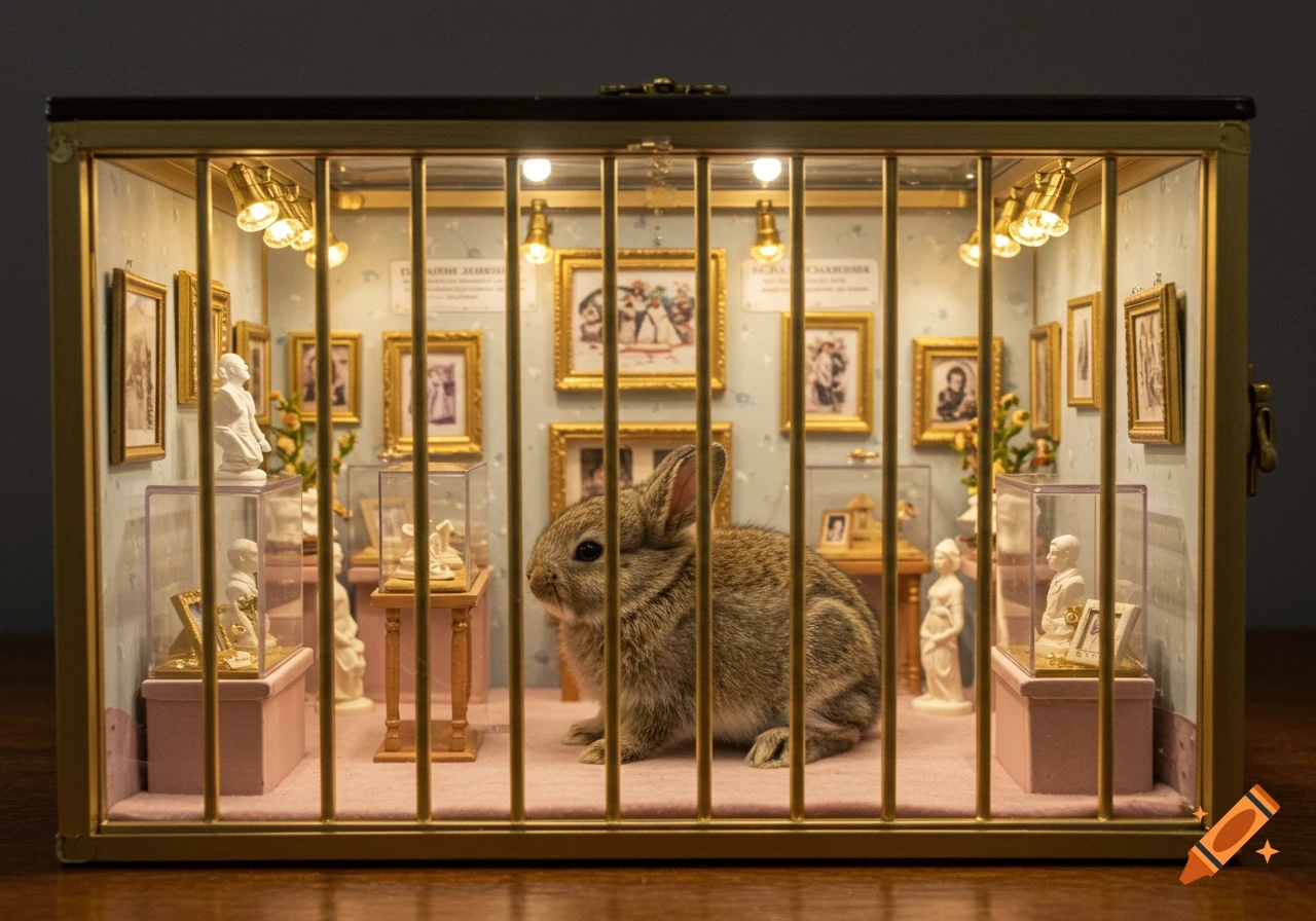 A cute, fluffy bunny sits in a gold-barred cage designed as a miniature museum with tiny framed paintings, statues, and glowing lights.