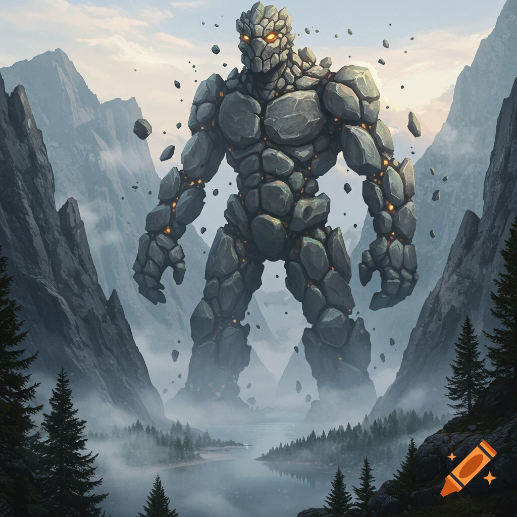 A massive rock golem with glowing cracks stands in a misty mountain valley, towering over a river and pine trees under a cloudy sky.