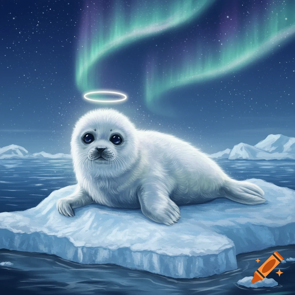 An illustration of a fluffy white baby seal with a halo, lying on an ice floe under a starry night sky with the aurora borealis.
