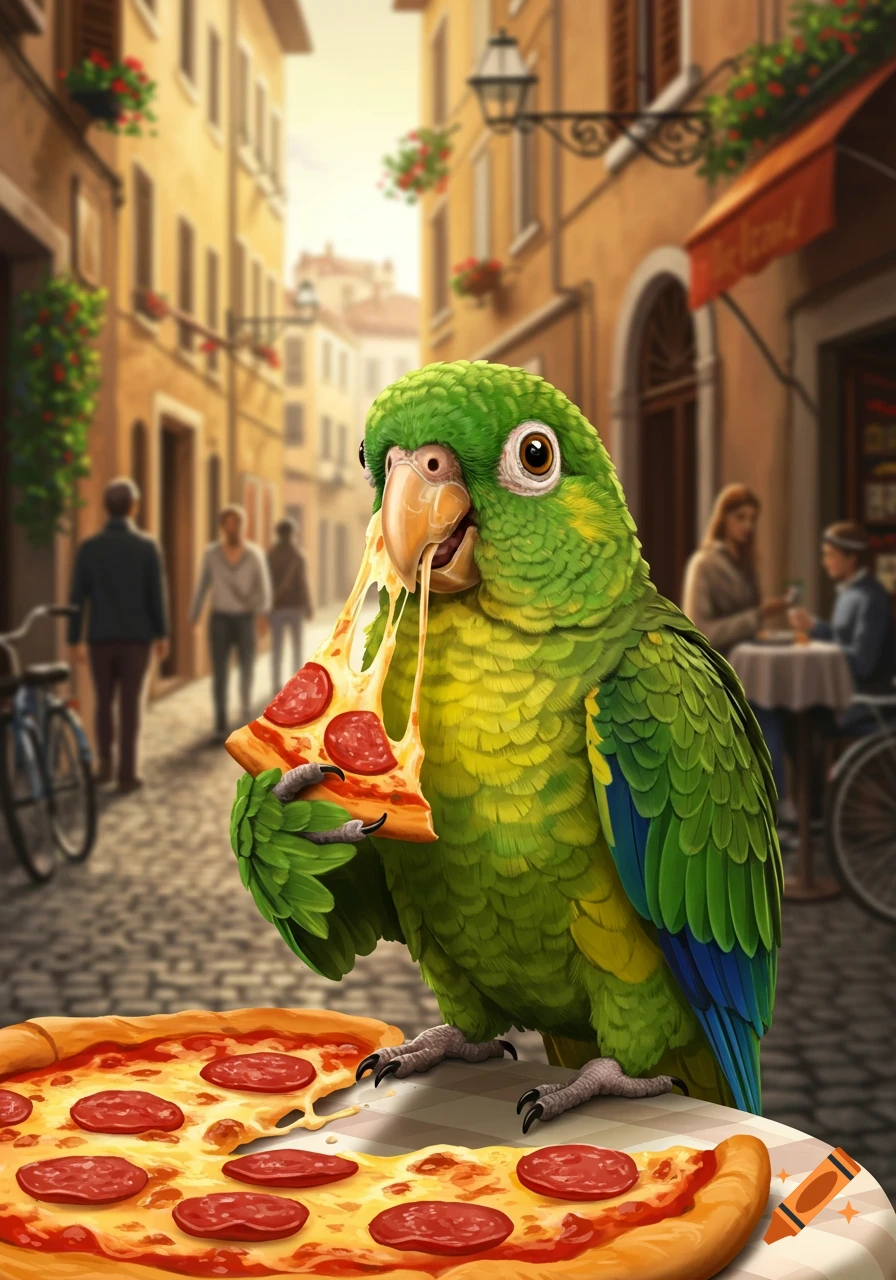 A whimsical green parrot eating a cheesy pepperoni pizza slice on a street in an Italian-style town.