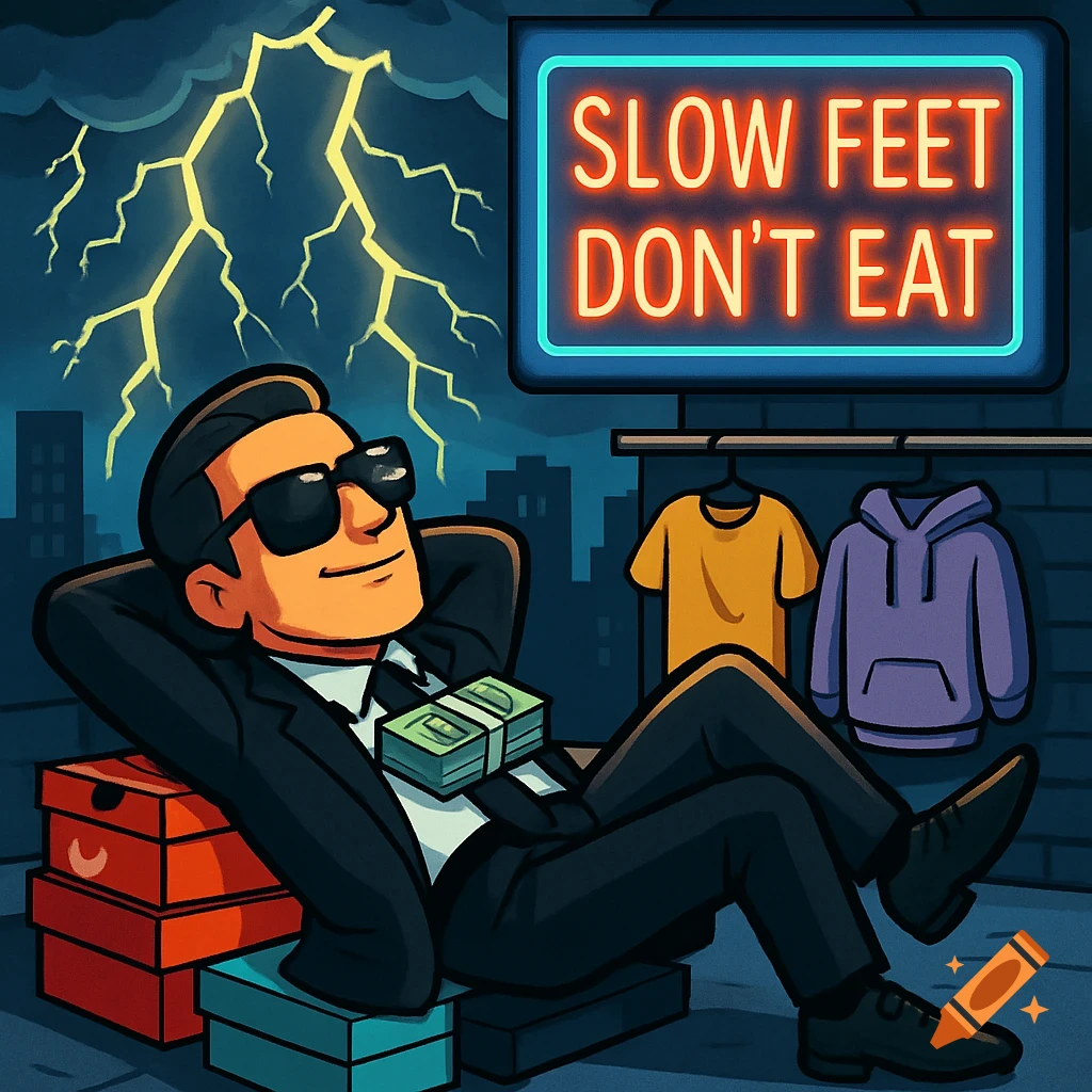Cartoon man in a suit relaxing on a stormy city rooftop with money, a neon sign reads 'SLOW FEET DON'T EAT', with shoes and clothes nearby.