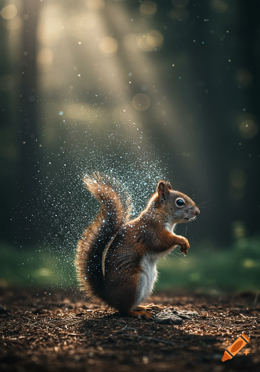 A photorealistic squirrel stands on forest ground, sparkling with glittery particles in sunlight.