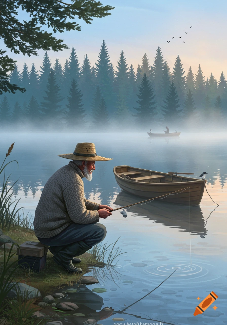 An old man in a straw hat squats by a misty lake, fishing with a rod. A boat floats nearby; a forest lines the background.