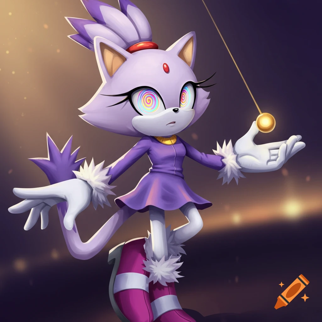 Cartoon character Blaze the Cat with spiral eyes, mesmerized by a golden pendulum.