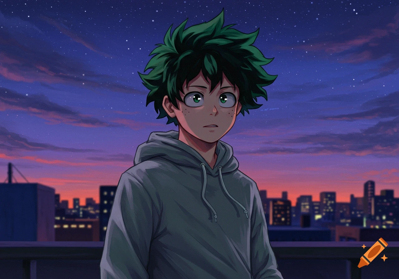 Anime illustration of Izuku Midoriya in a gray hoodie on a rooftop, observing a vibrant purple and orange city skyline at sunset.