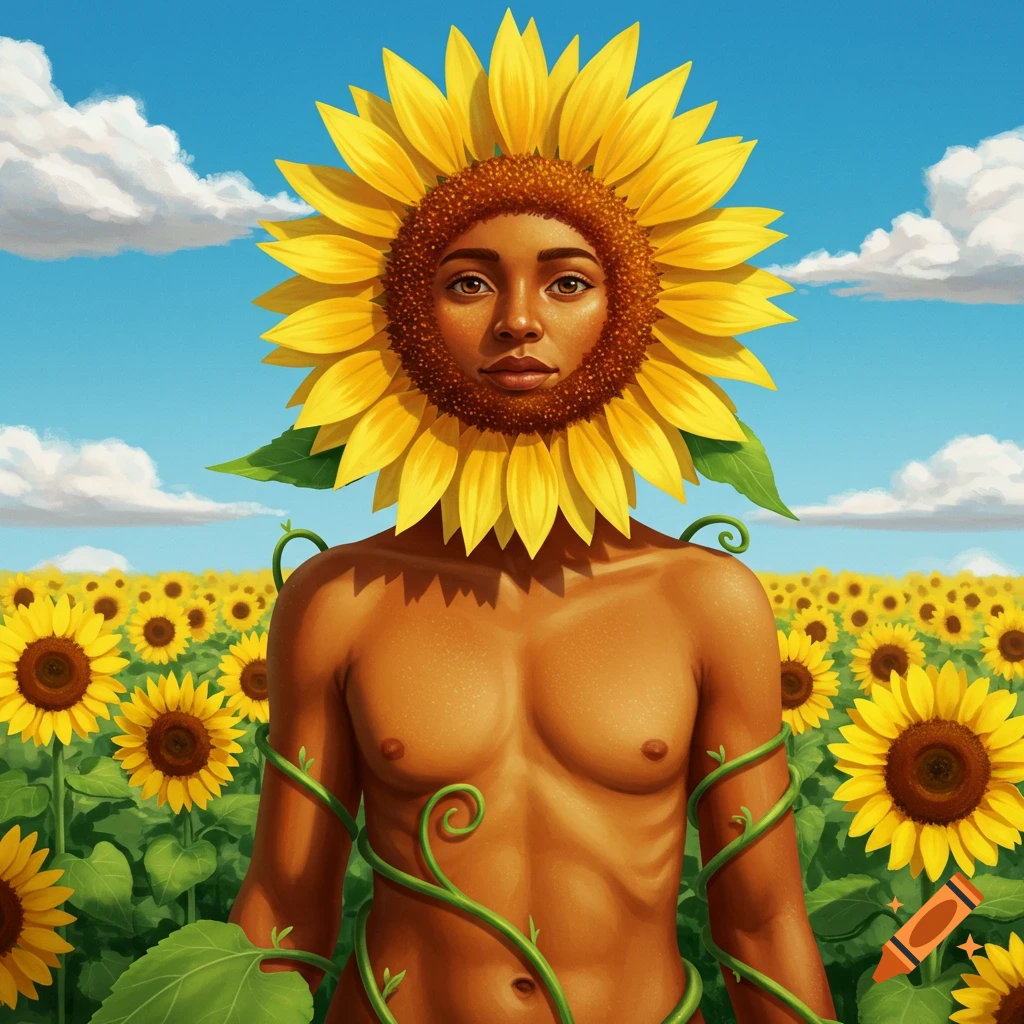 Bare-chested person with a large sunflower for a head stands in a field of sunflowers under a blue sky, painted style.