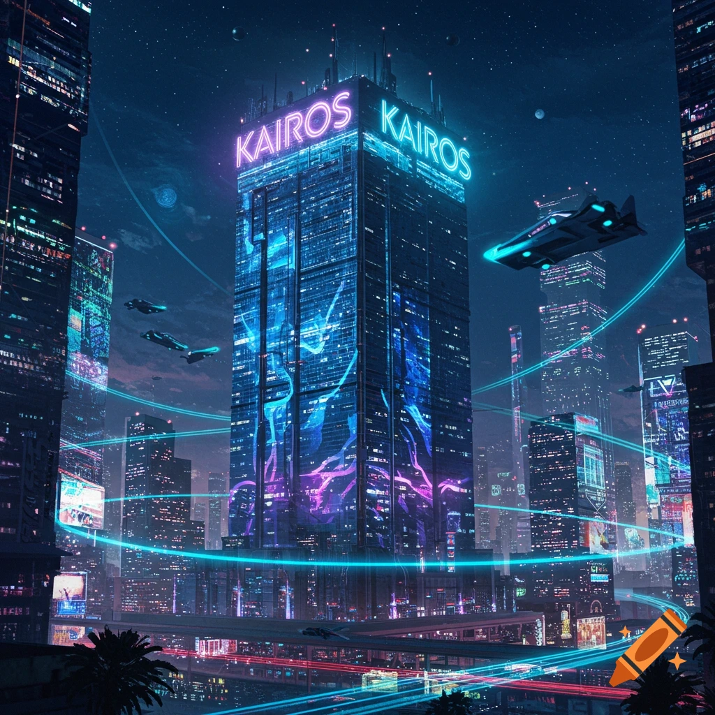 Vibrant cyberpunk city at night with neon-lit skyscrapers, flying vehicles, and 'KAIROS' glowing on a tall building.