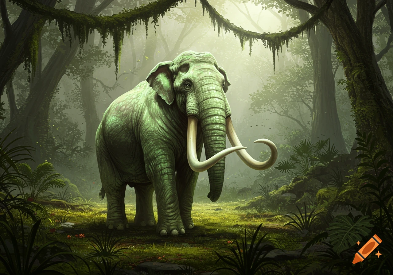 A majestic light green mastodon with long, curved tusks stands in a misty, vibrant jungle under dappled sunlight.