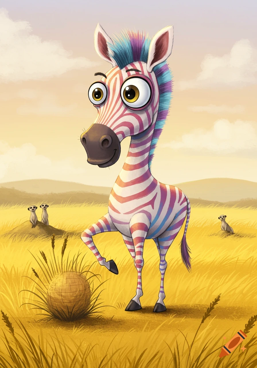 A whimsical cartoon zebra with pink and blue stripes, large eyes, and a colorful mane stands in a sunny savanna with meerkats.