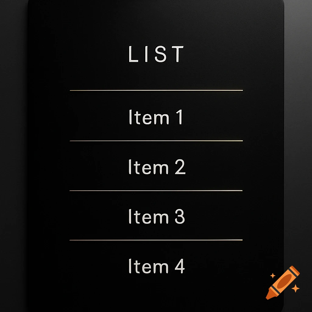 A black rectangular panel displays a white text list: "LIST", "Item 1", "Item 2", "Item 3", "Item 4", separated by thin gold lines.