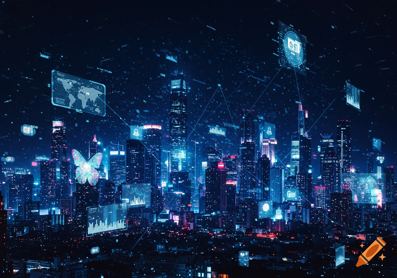 A futuristic cityscape at night, glowing with blue and purple lights. Holographic data displays, charts, and a world map float above the buildings, connected by glowing lines. A large, sparkling butterfly hovers in the foreground.