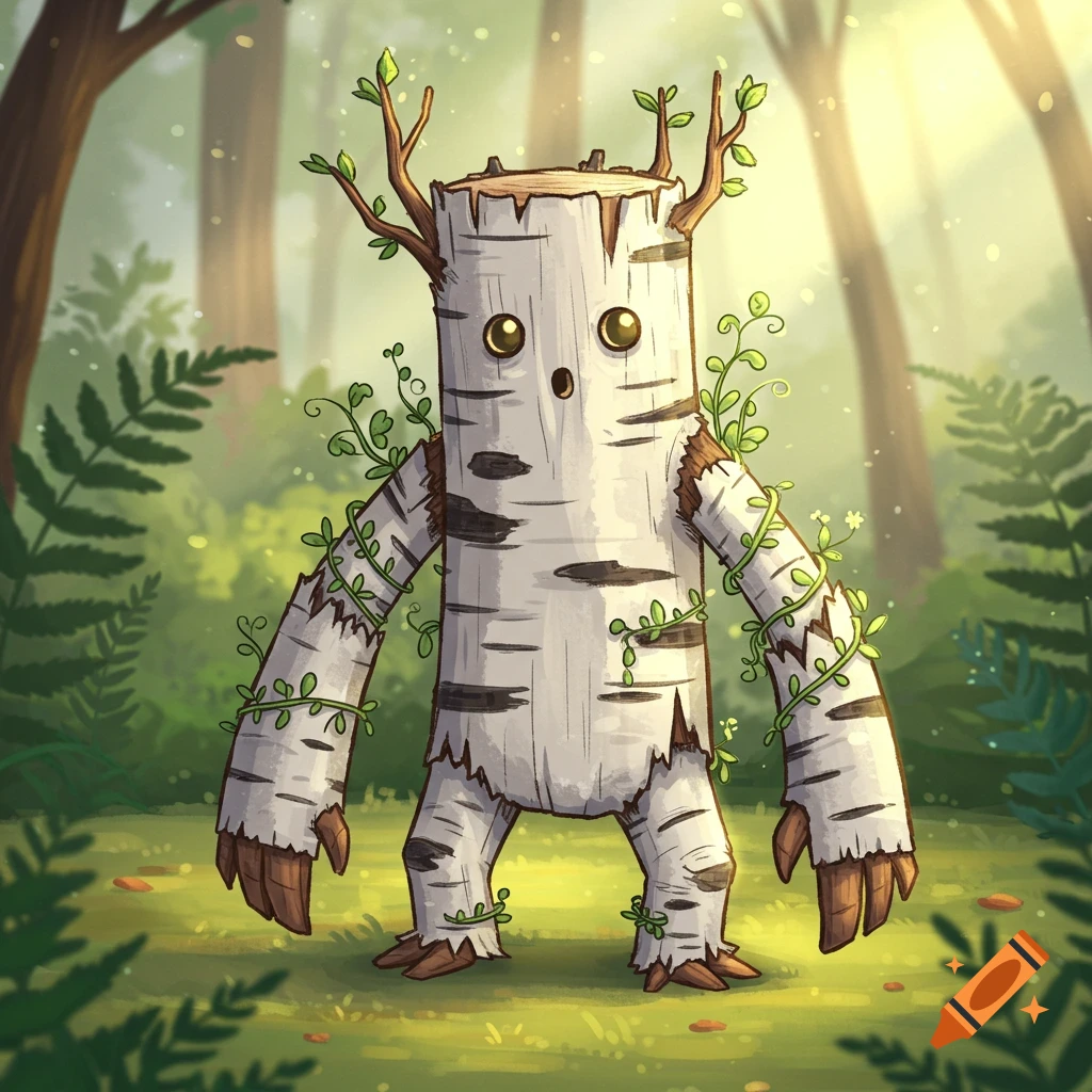 A cute cartoon monster made of a birch wood log with vines growing on it stands in a sunny forest.
