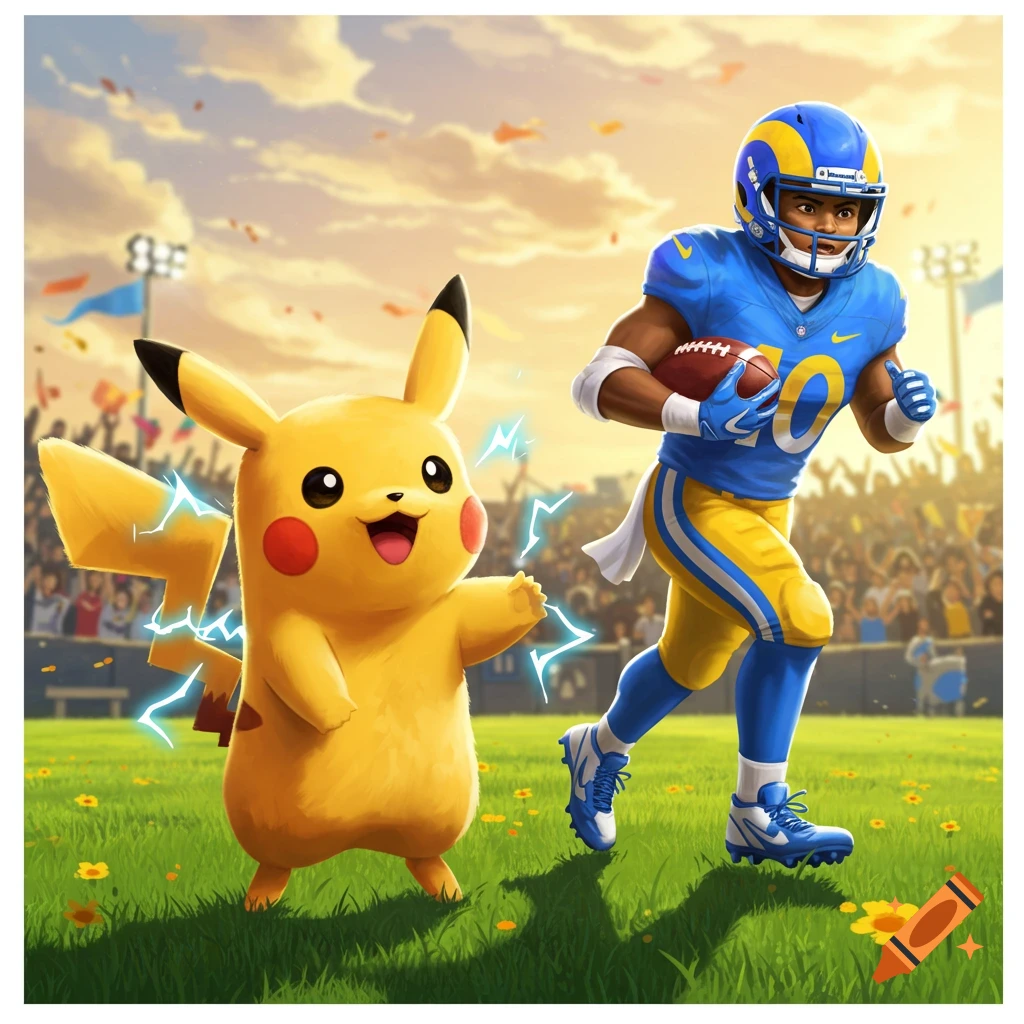 Pikachu with lightning next to a football player in a blue and yellow uniform, running with a football on a grassy stadium field.