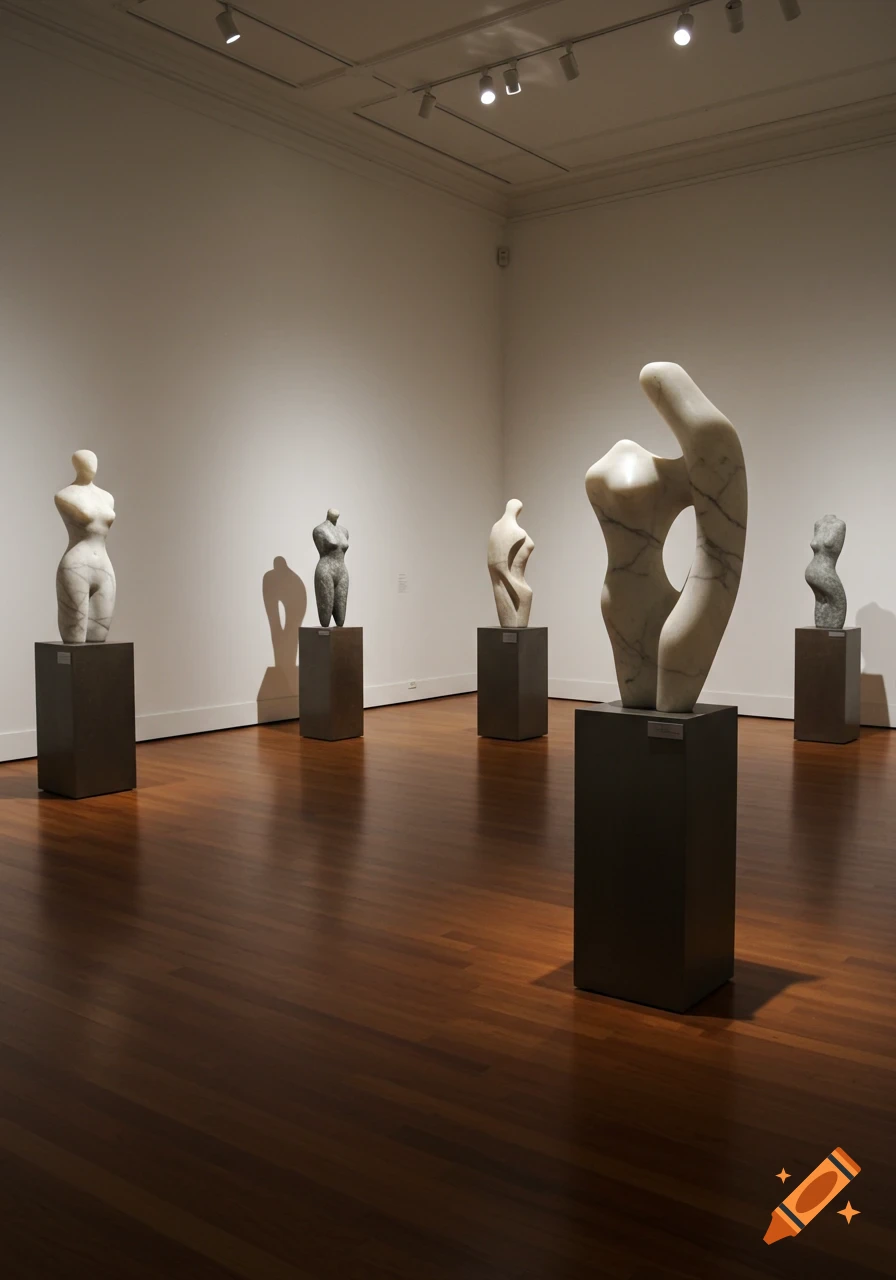 An art exhibition features several abstract stone sculptures on dark pedestals in a brightly lit museum gallery with a wooden floor.