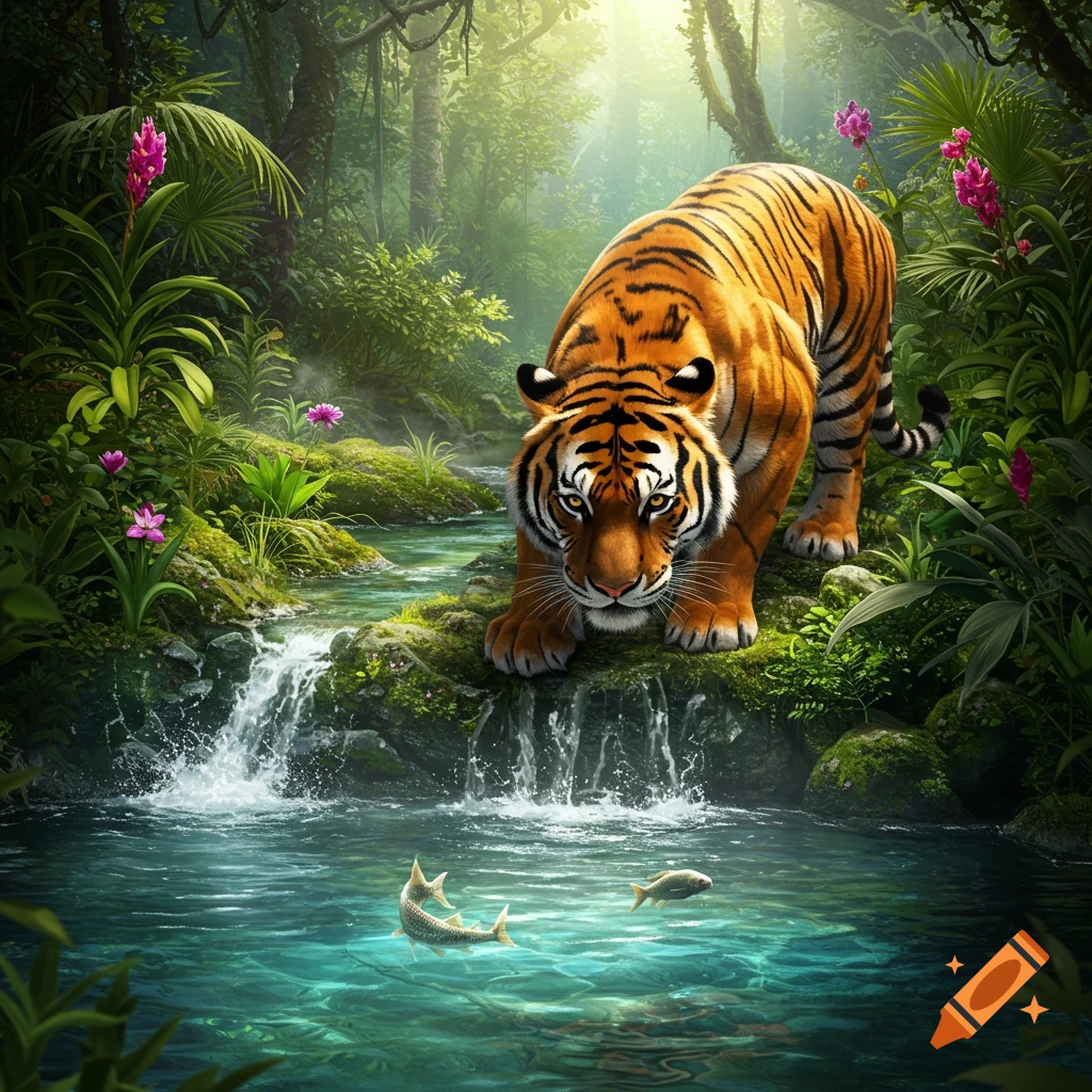 A photorealistic tiger crouches by a sunlit jungle stream with a waterfall, looking at fish in the clear water.