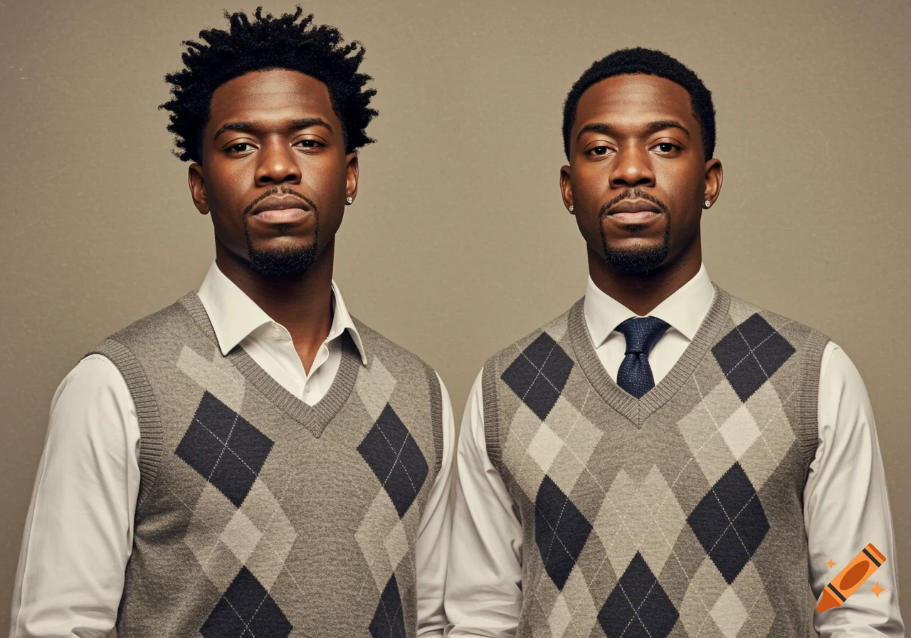 Photorealistic portrait of two Black men in matching argyle sweater vests over white shirts, posing against a plain background.