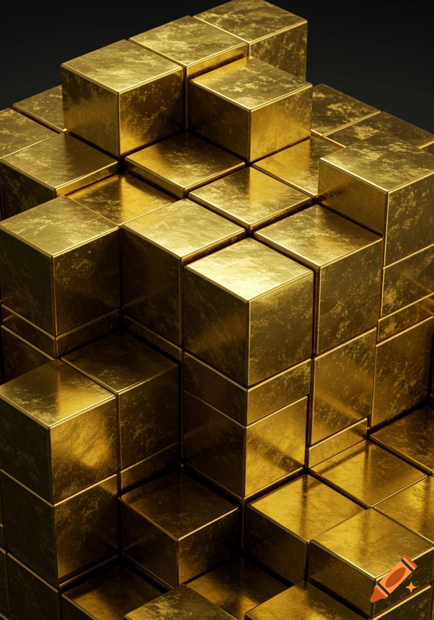 A close-up of many shiny, textured gold cubes stacked together in a geometric pattern on a dark background.