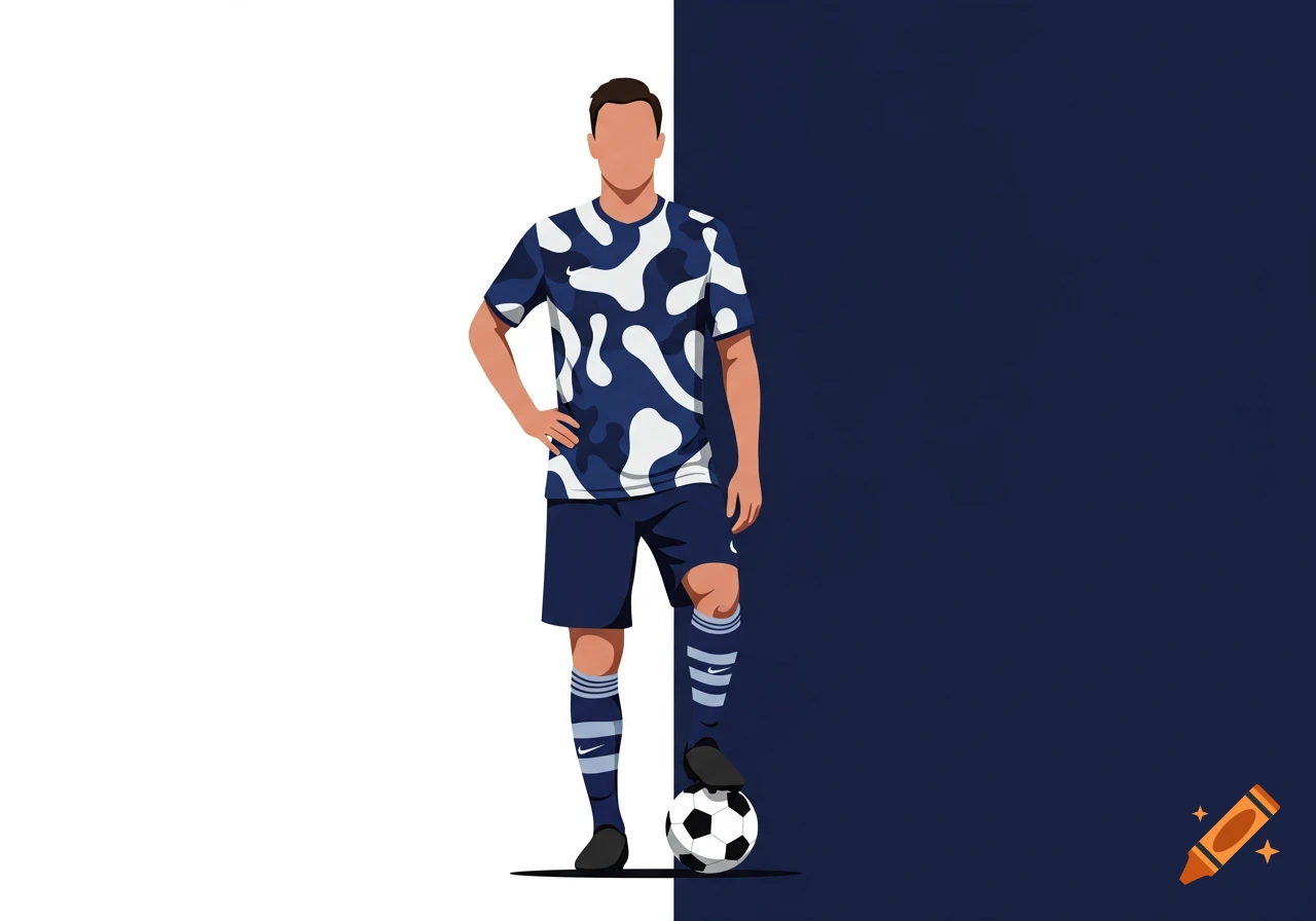 A flat color illustration of a male soccer player in a blue and white camouflage uniform, standing with one foot on a soccer ball against a split white and dark blue background.