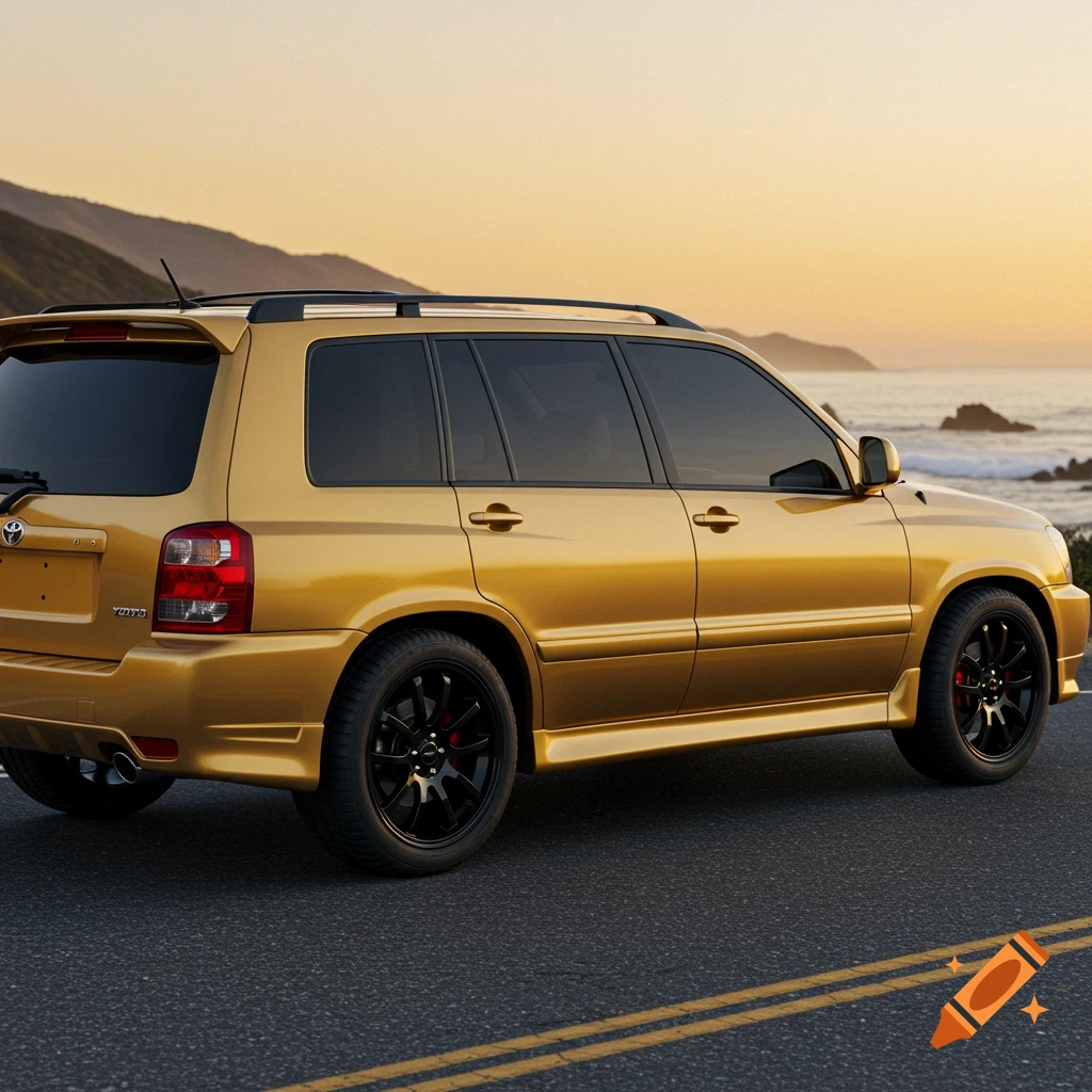 A gold Toyota Highlander SUV with black rims and tinted windows parked on a coastal road at sunset.